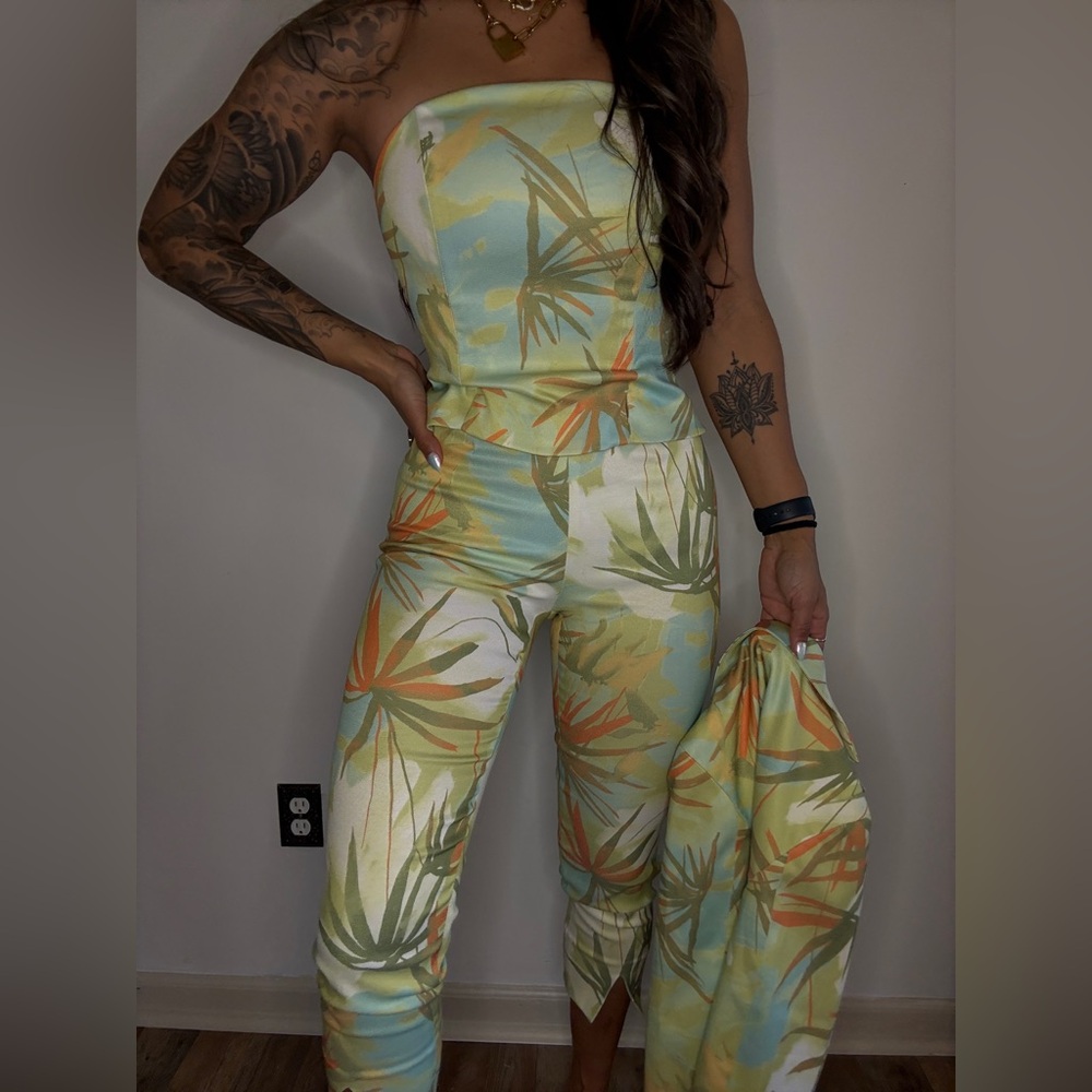 Andre Oliver Strapless Leaf Print Pantsuit 3 piece co ord